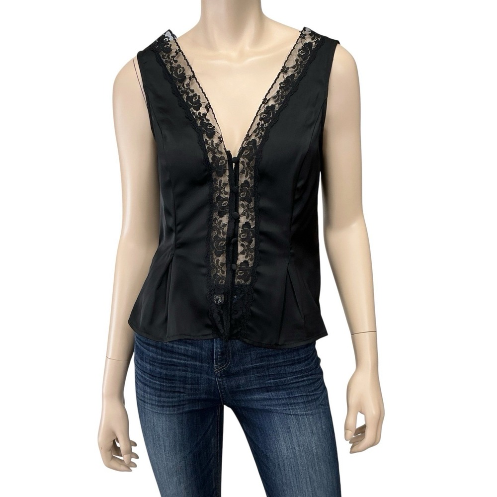 Kinsley + Zoey Top Women Medium Black Lace Trim V Neck Button Sleeveless NEW
